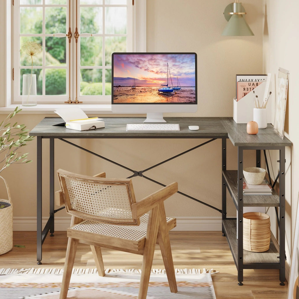 Small L-Shaped Computer Desk With Reversible Storage Shelves - 55-Inch / 47-Inch