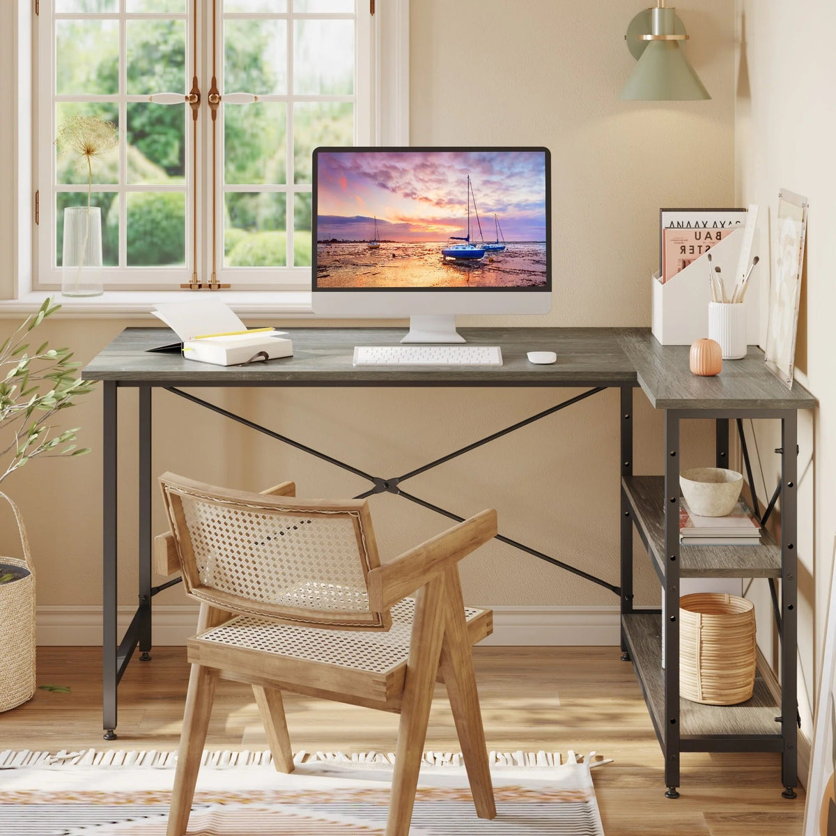 Small L-Shaped Computer Desk With Reversible Storage Shelves - 55-Inch / 47-Inch