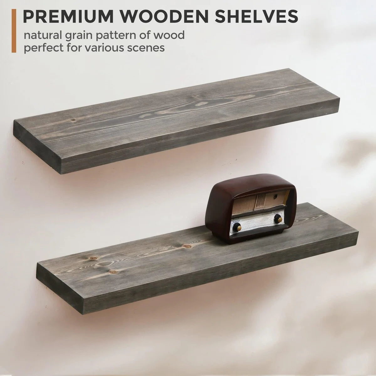Set Of 2 Handcrafted European Pine Floating Wall Shelves, 16inch/24inch/36inch, Grey/Espresso/Walnut