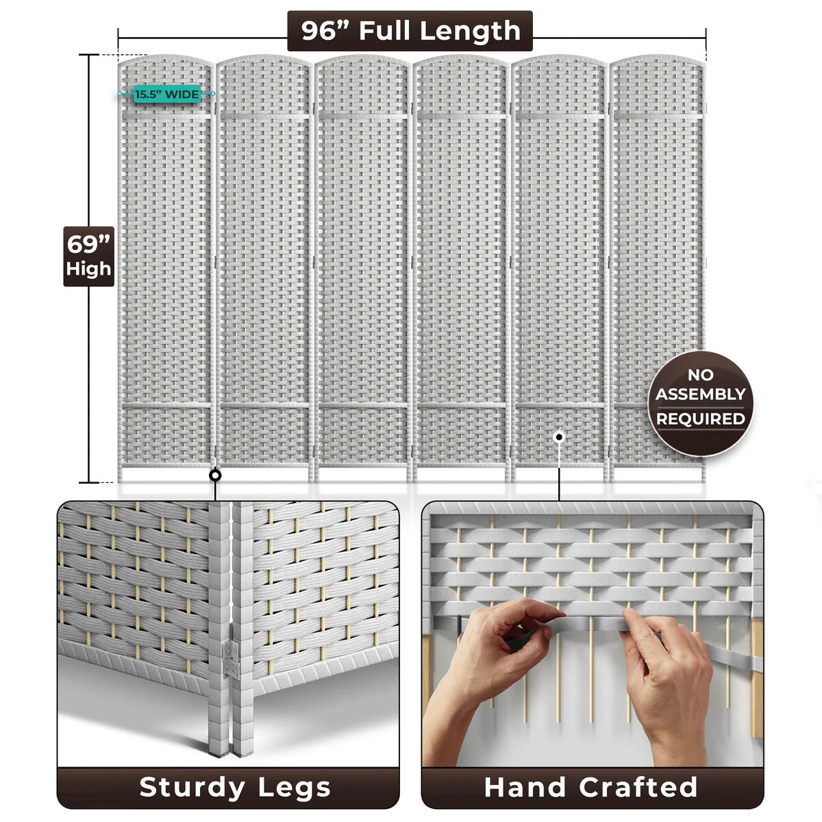 6-Panel Room Divider Privacy Screen With Hand-Woven Mesh Panels - 6 Ft Tall