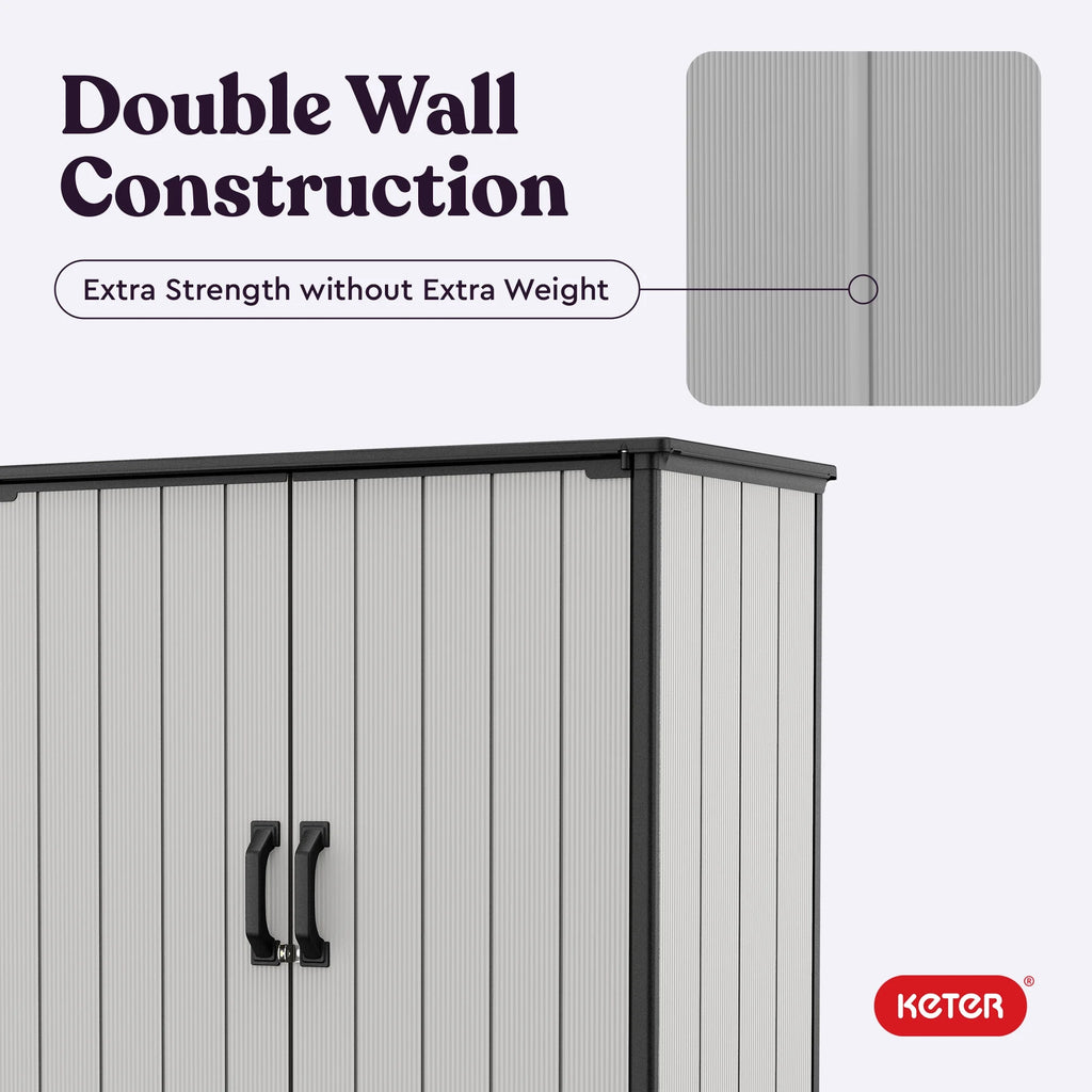 Keter Resin Outdoor Storage Shed With Floor And Locking Double Doors, Grey, 55.1 in L x 29 in W x 67.1 in H - Premier Tall