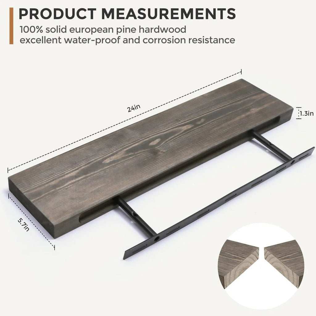 Set Of 2 Handcrafted European Pine Floating Wall Shelves, 16inch/24inch/36inch, Grey/Espresso/Walnut