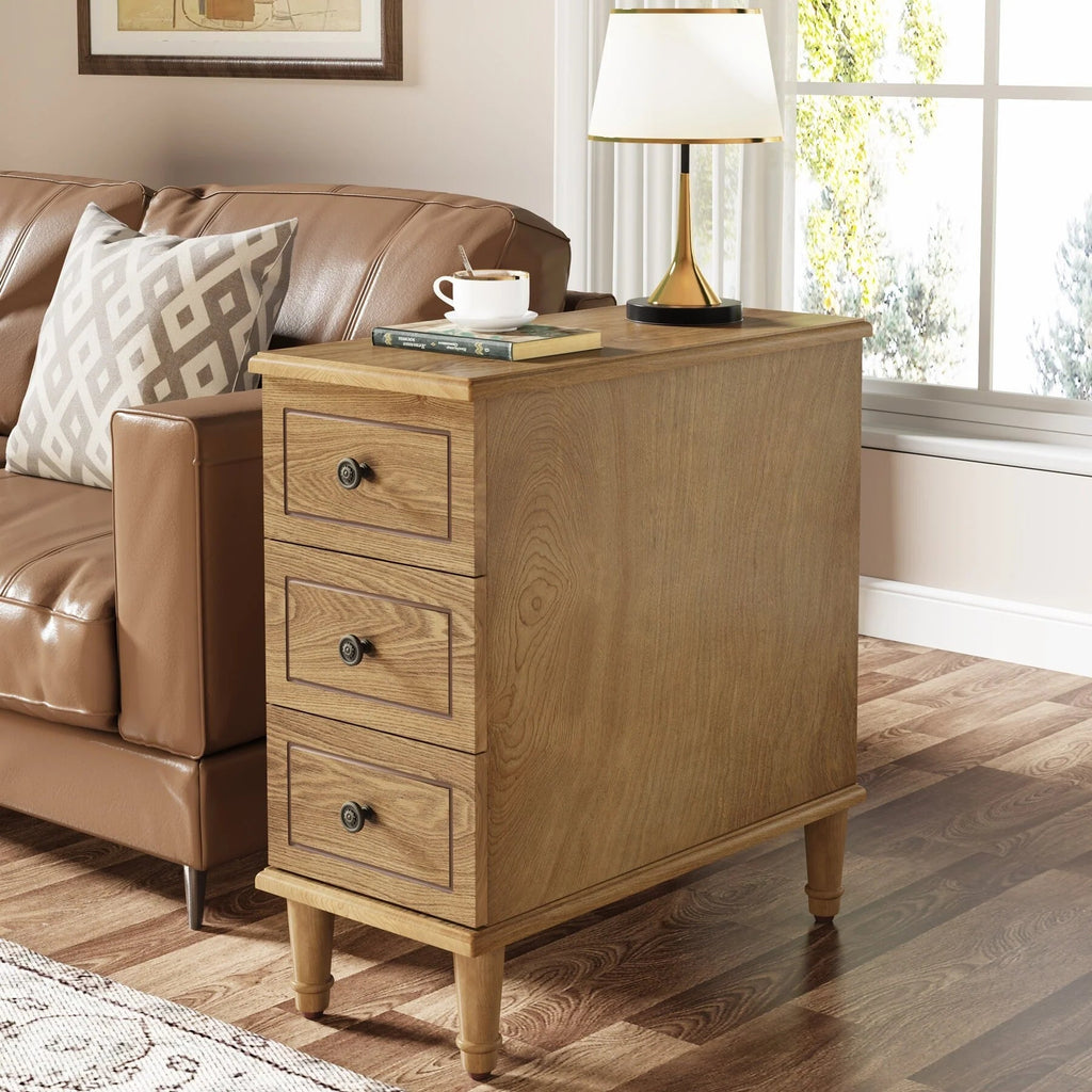 Solid Wood Narrow End Table With 3 Drawers - Fully Assembled