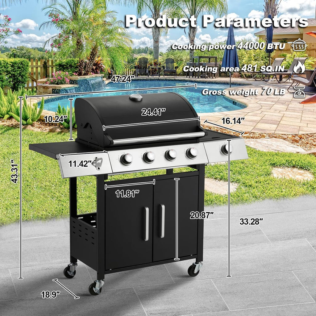 MELLCOM 4 Burner Propane Gas Grill With Cast Iron Grates And Side Stove, 44,000 BTU, Black - BBQ-4+1