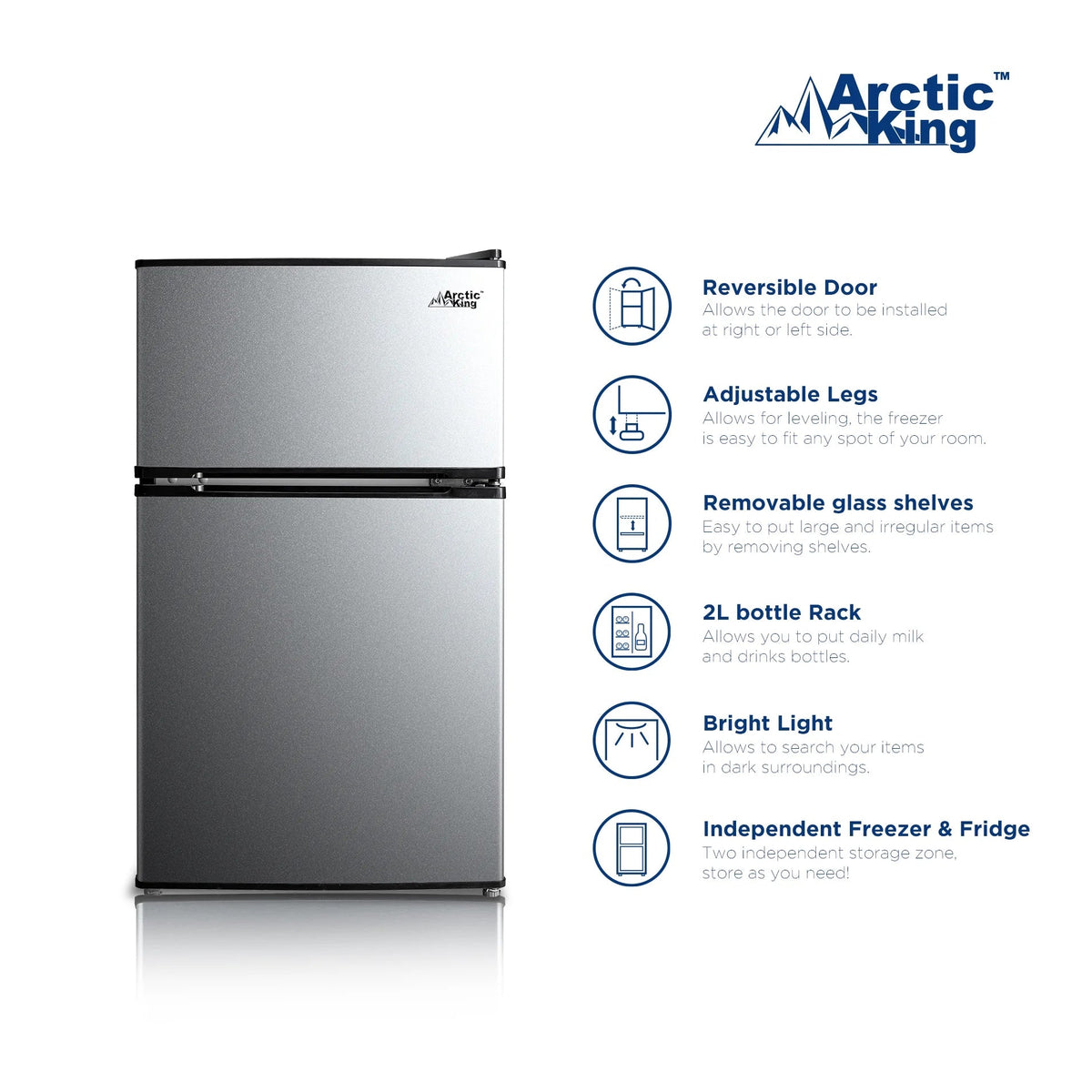 Arctic King Two-Door Mini Fridge With Freezer, 3.2 Cu ft, 18.5 in x 19.4 in x 33.3 in, Stainless Steel - E-Star