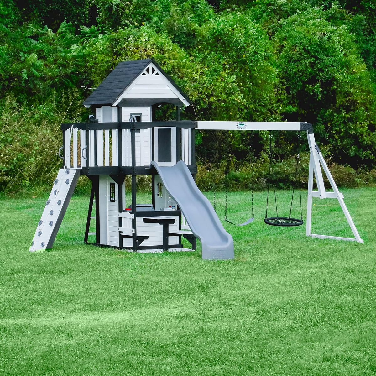 Backyard Discovery Cedar Wood Swing Set With Wave Slide, Clubhouse, Play Kitchen, Belt And Web Swings - Canyon Creek