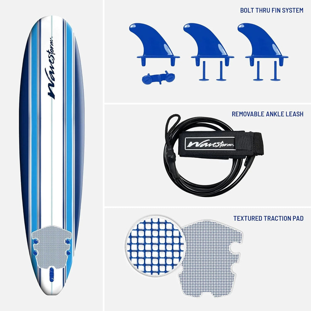 8ft Soft Top Foam Surfboard, EPS Core, 3 Stringers, Wax-Free Longboard, 200lb Capacity