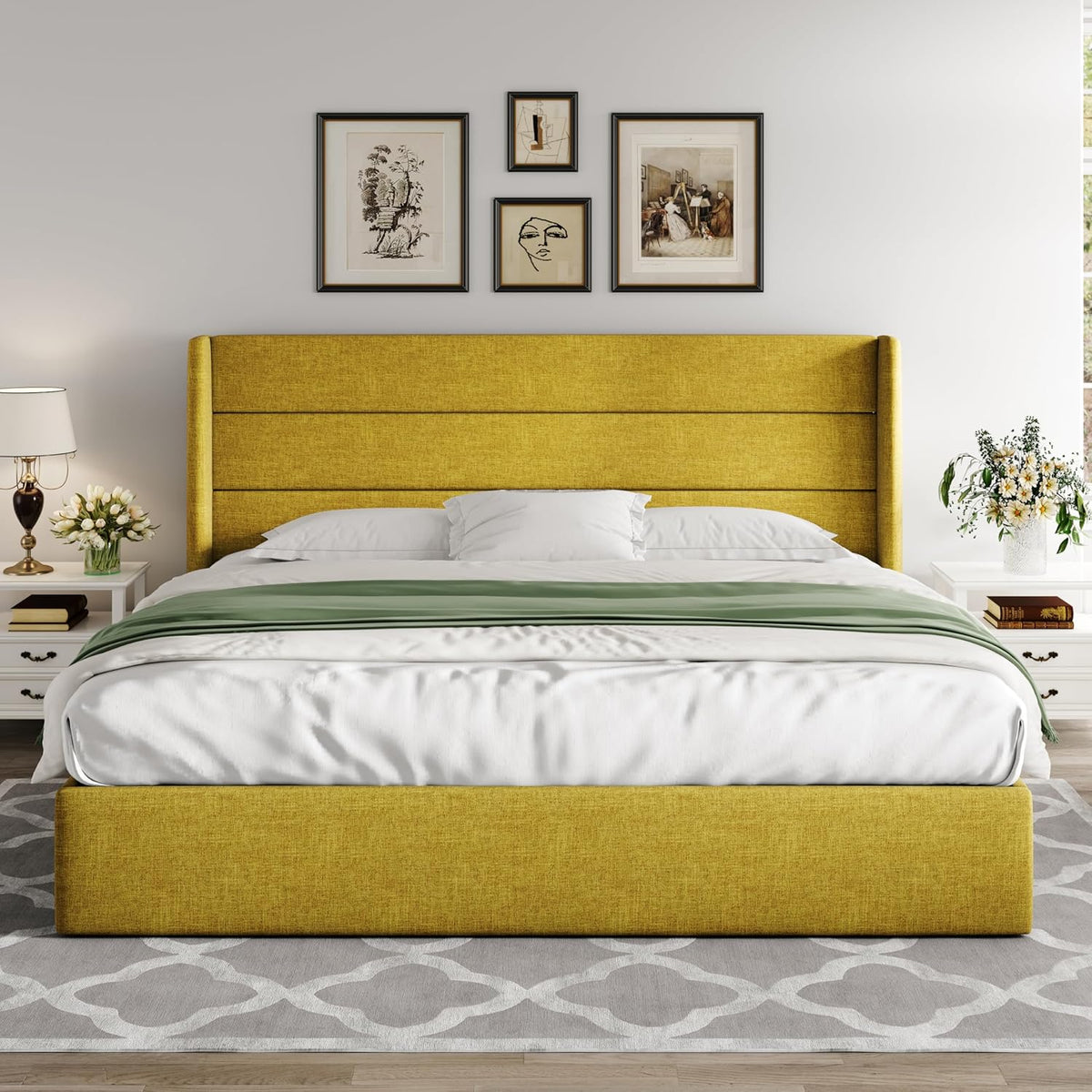 Queen Size Lift-Up Storage Bed With Wingback Headboard, Upholstered Platform Bed Frame With Hidden Storage