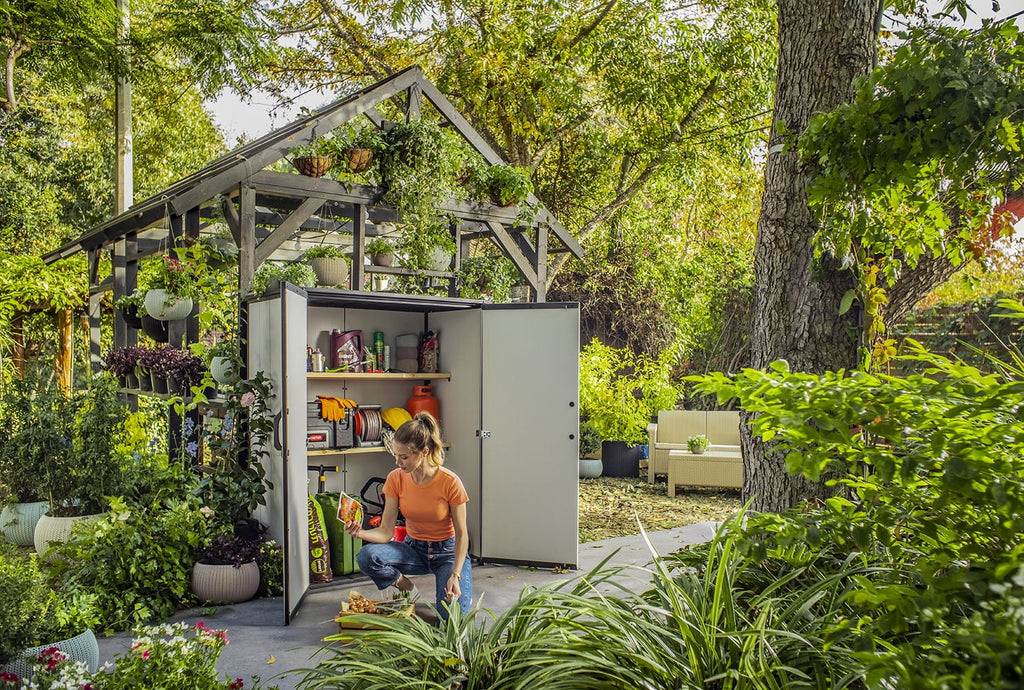 Keter Resin Outdoor Storage Shed With Floor And Locking Double Doors, Grey, 55.1 in L x 29 in W x 67.1 in H - Premier Tall