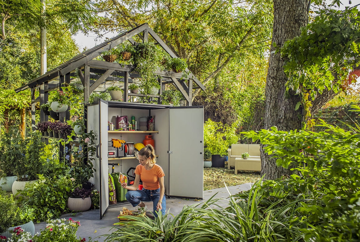 Keter Resin Outdoor Storage Shed With Floor And Locking Double Doors, Grey, 55.1 in L x 29 in W x 67.1 in H - Premier Tall