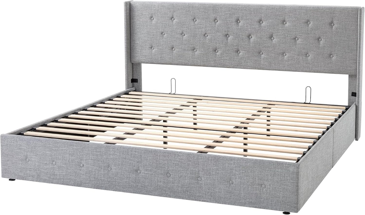 Queen Size Lift-Up Storage Bed With Wingback Headboard, Upholstered Platform Bed Frame With Hidden Storage