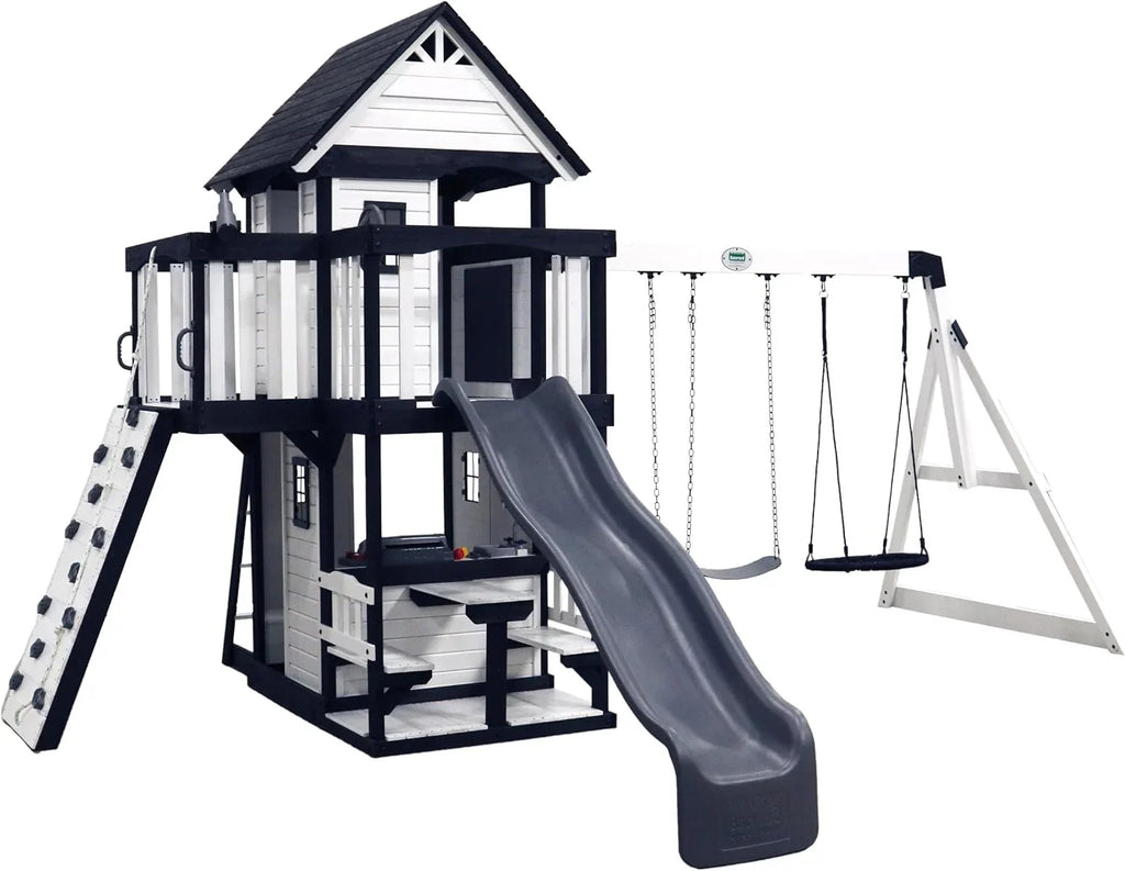 Backyard Discovery Cedar Wood Swing Set With Wave Slide, Clubhouse, Play Kitchen, Belt And Web Swings - Canyon Creek