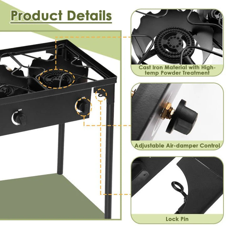 Portable 3-Burner Propane Camping Gas Stove 225000 BTU Cast Iron Black