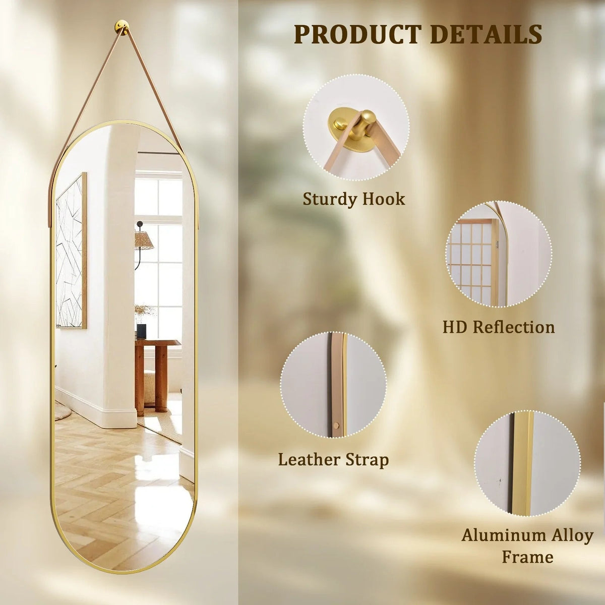 Full Length Wall Mirror, 48 x 16 Inch, Black, Leather Strap