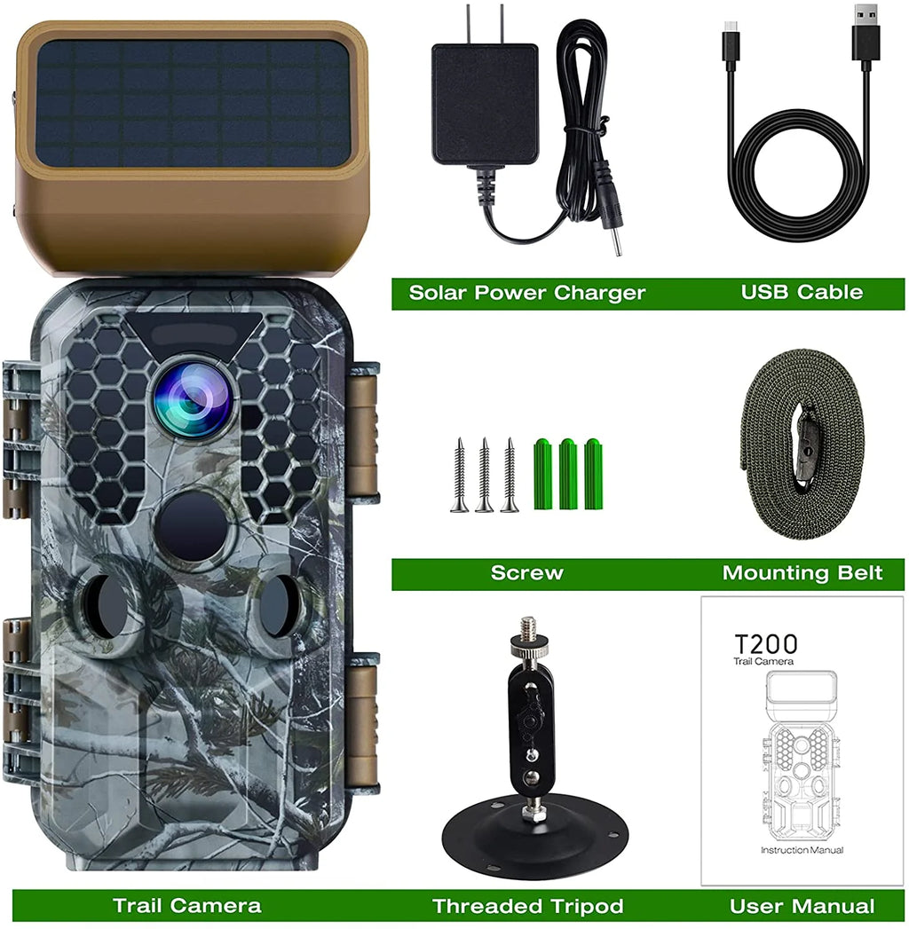 Solar Panel Trail Camera 4K 30MP WiFi Bluetooth - T200