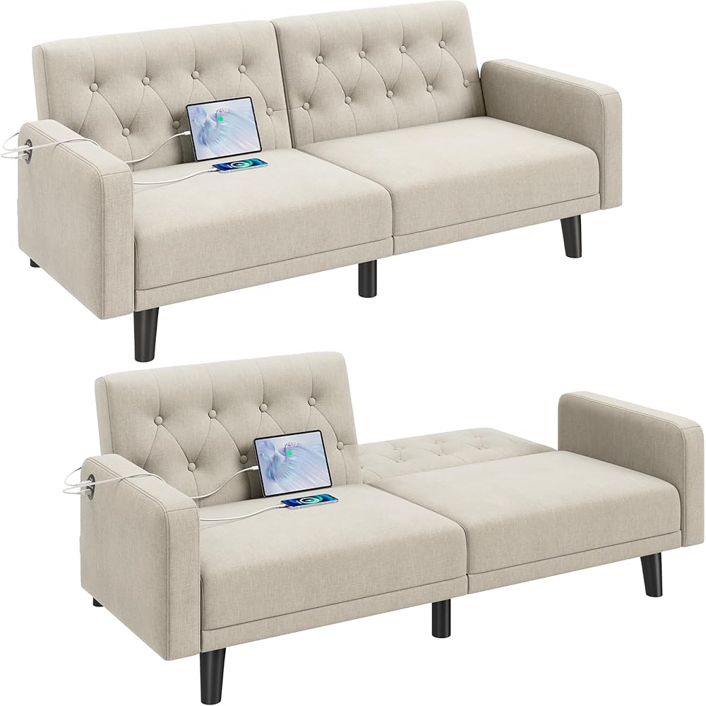 Yaheetech 63-Inch Convertible Reclining Futon Sofa Bed - Beige