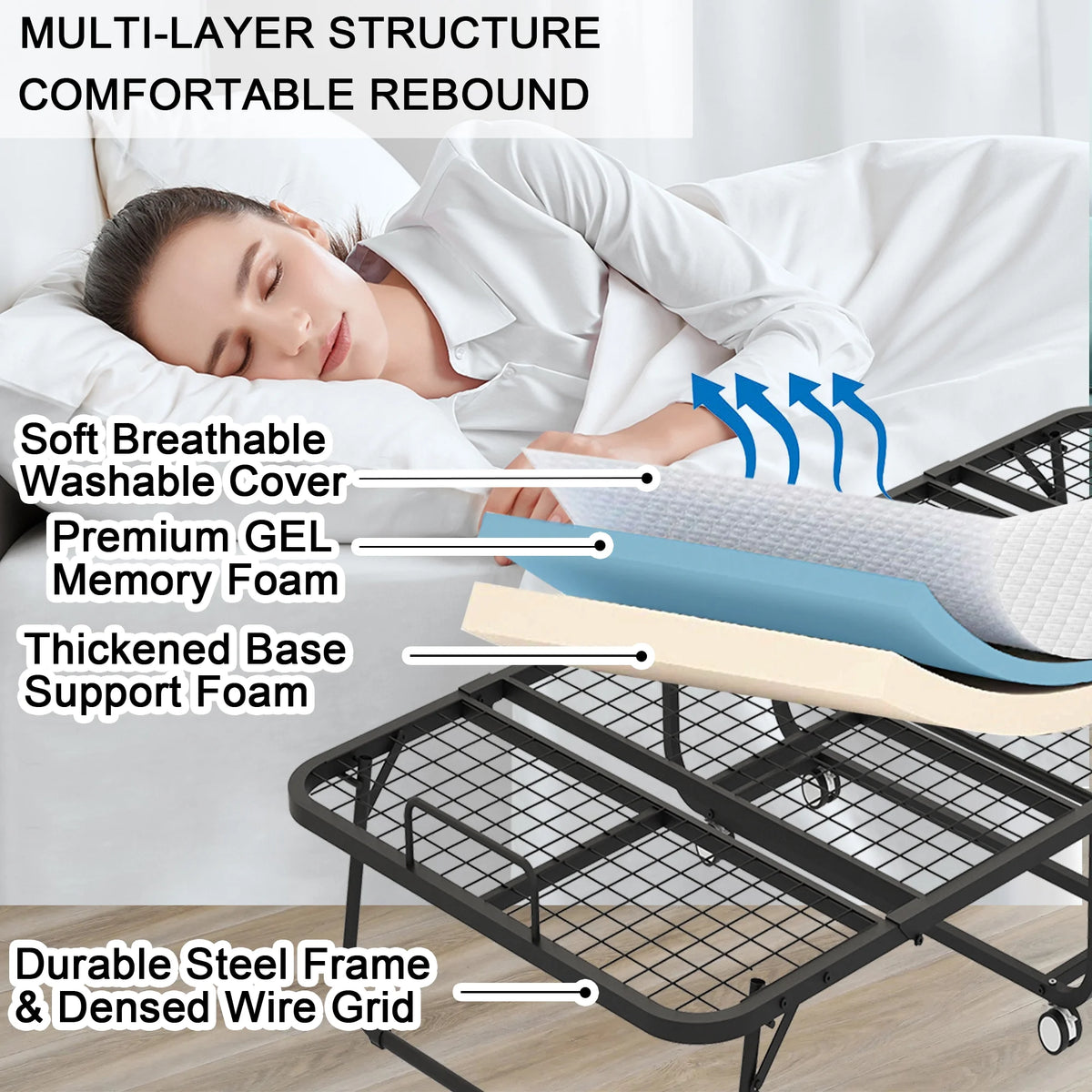 Folding Rollaway Guest Bed With 75in x 31in Cot Mattress And 5in Memory Foam