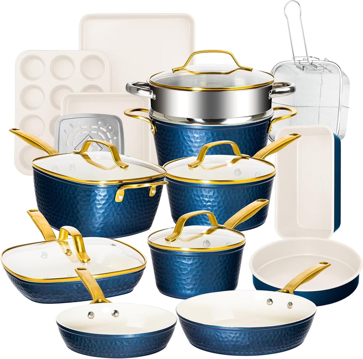 Gotham Steel Hammered 20 Pc Ceramic Nonstick Cookware Set, Copper
