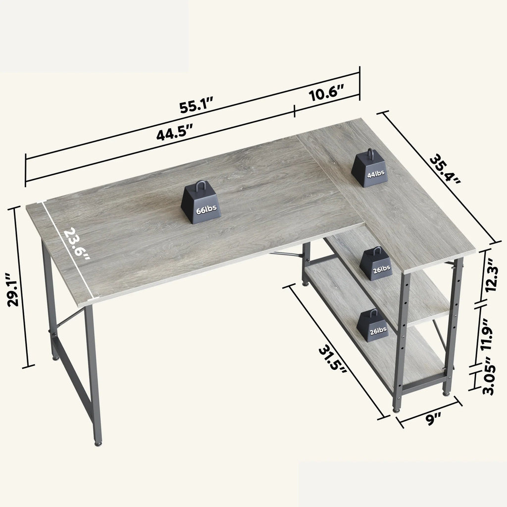 Small L-Shaped Computer Desk With Reversible Storage Shelves - 55-Inch / 47-Inch