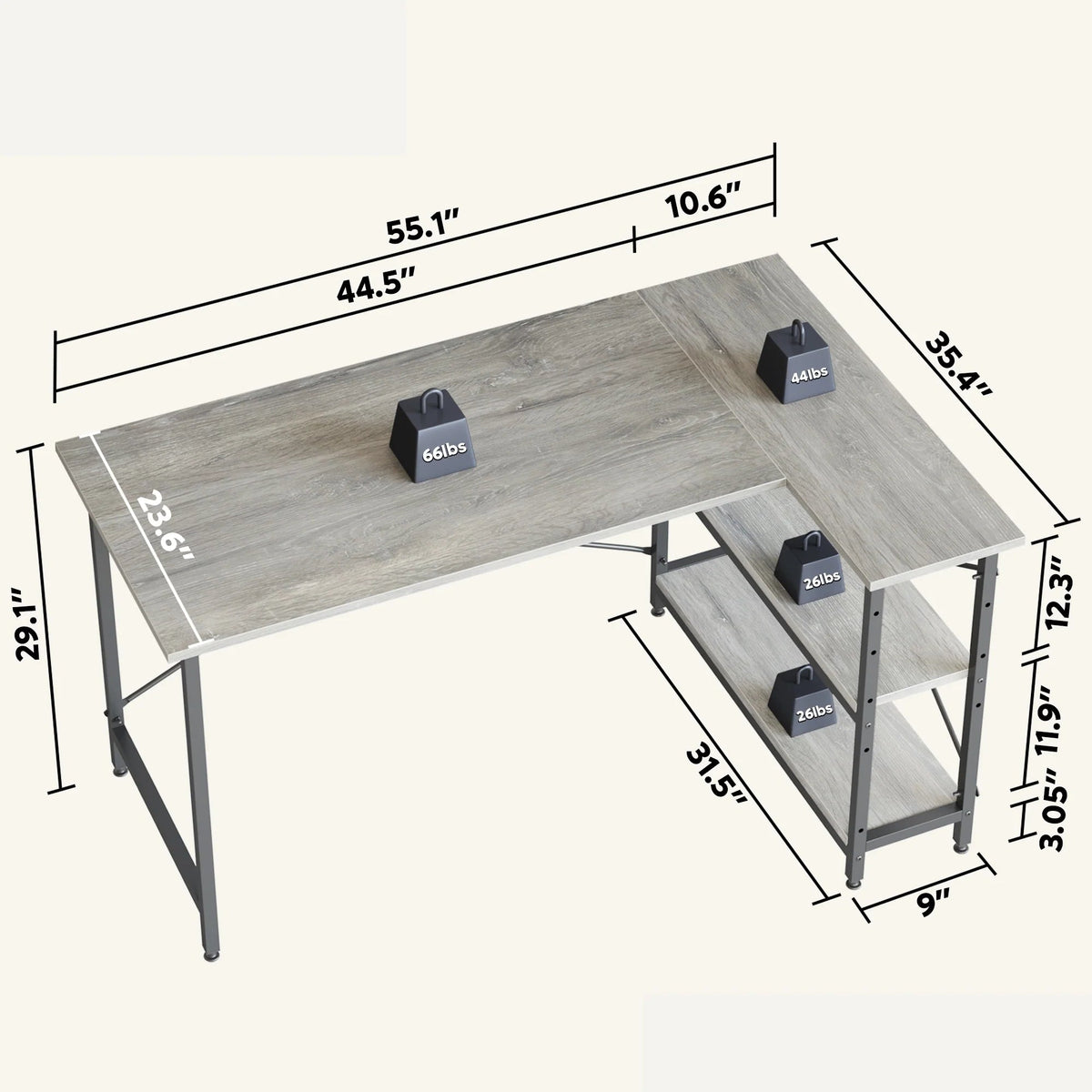 Small L-Shaped Computer Desk With Reversible Storage Shelves - 55-Inch / 47-Inch