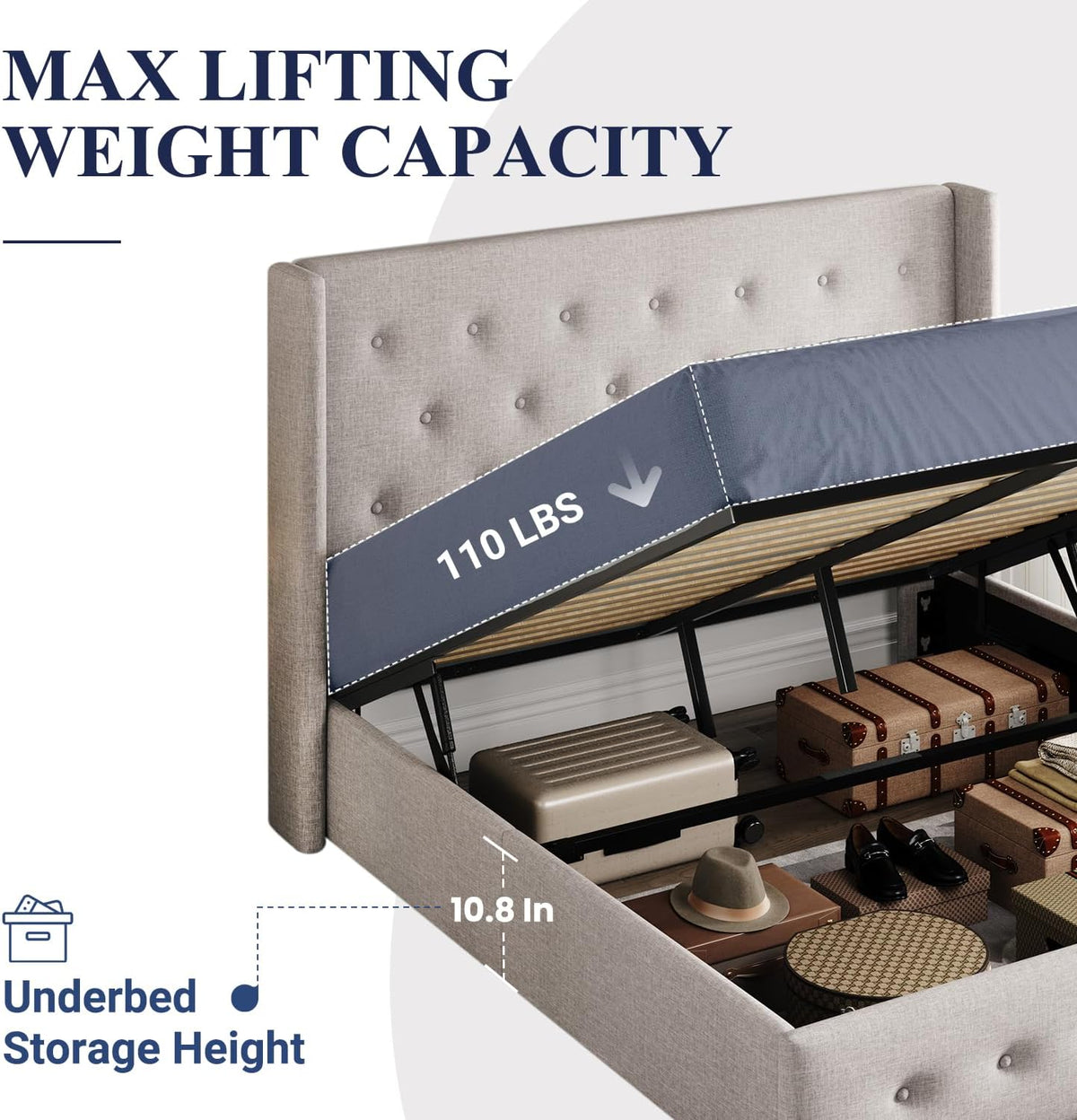 Queen Size Lift-Up Storage Bed With Wingback Headboard, Upholstered Platform Bed Frame With Hidden Storage