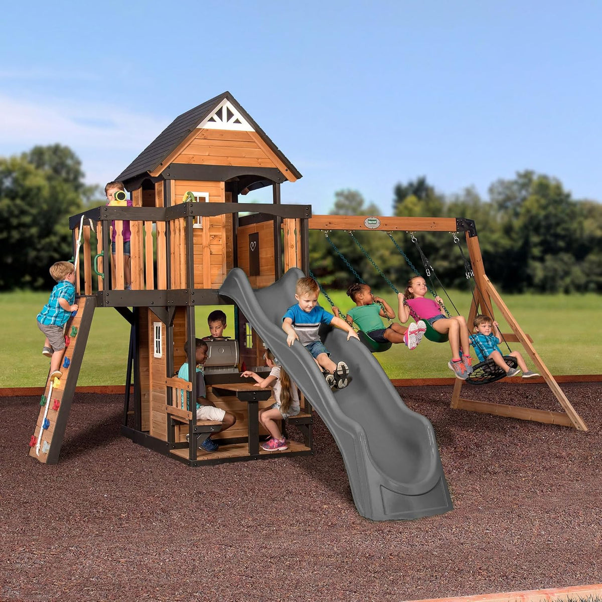 Backyard Discovery Cedar Wood Swing Set With Wave Slide, Clubhouse, Play Kitchen, Belt And Web Swings - Canyon Creek
