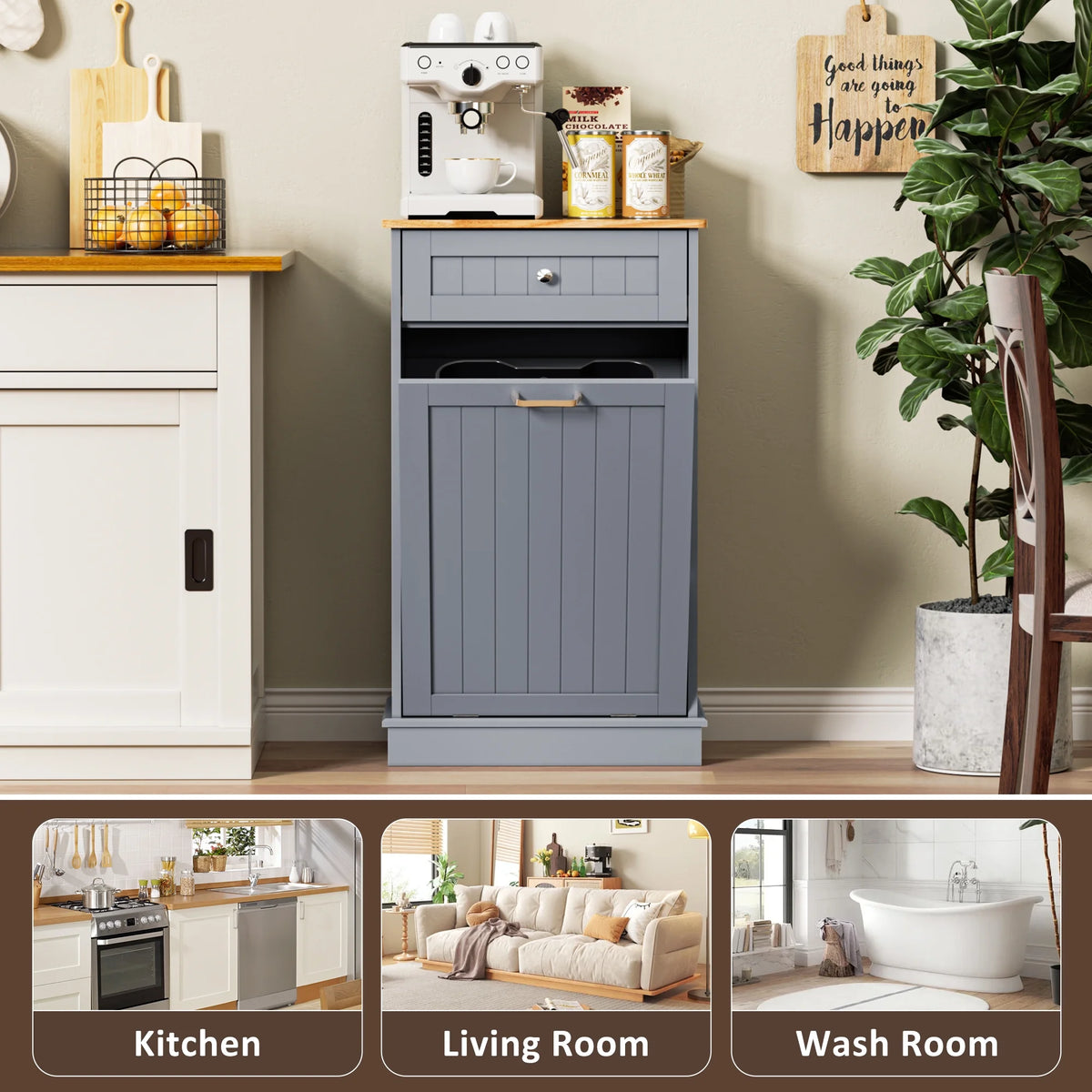 HARIPUL Single Tilt-Out Trash Cabinet For 13 Gallon Waste Bin, White