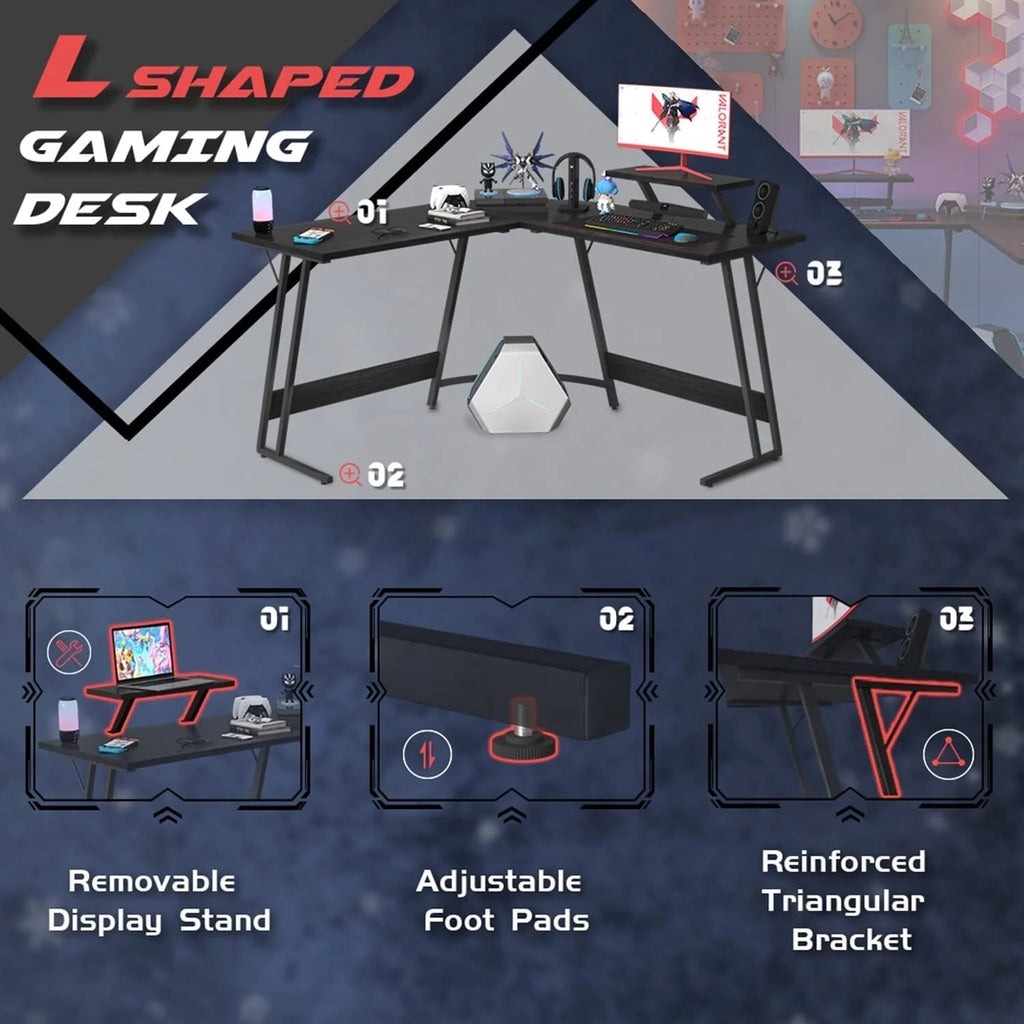 L-Shaped Gaming Computer Desk With Removable Monitor Stand, 51.3 in x 19.8 in x 29 in