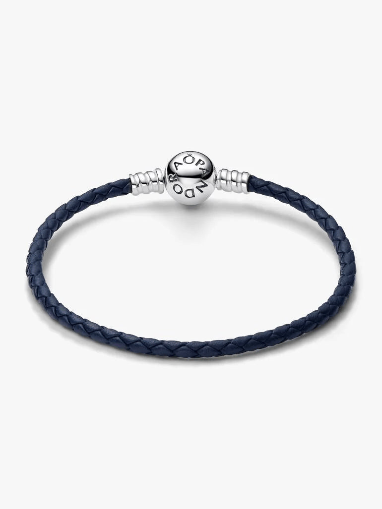 Pandora Moments Round Clasp Blue Braided Leather Bracelet