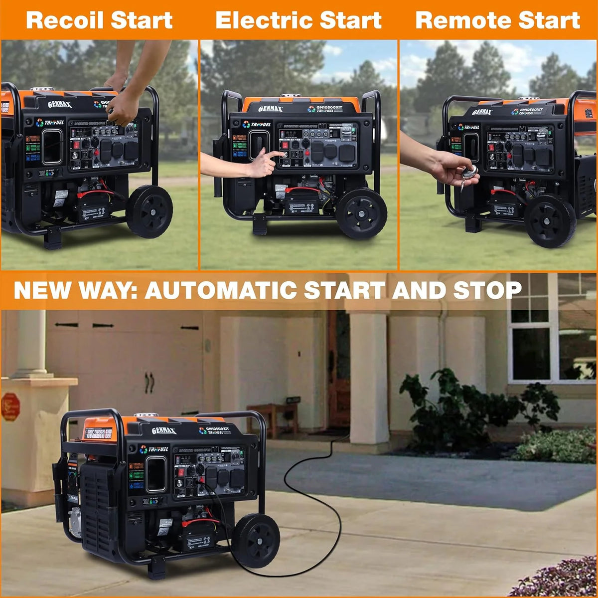 GENMAX Tri-Fuel Open Frame Inverter Generator, 10500 Peak Watt, 50A, ATS - GM10500XiT