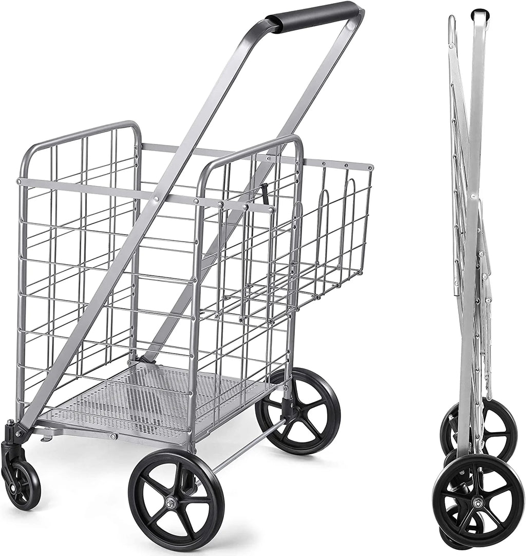 Wellmax Folding Metal Grocery Shopping Cart With Wheels, 31 x 24.5 x 40 Inches - WM99028S