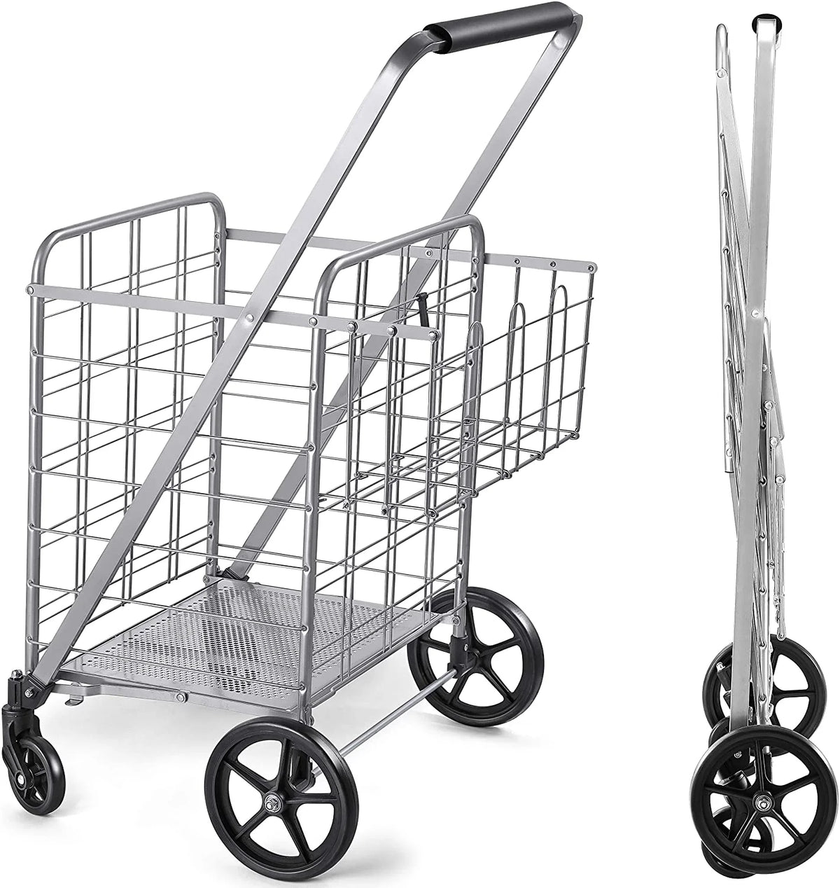 Wellmax Folding Metal Grocery Shopping Cart With Wheels, 31 x 24.5 x 40 Inches - WM99028S