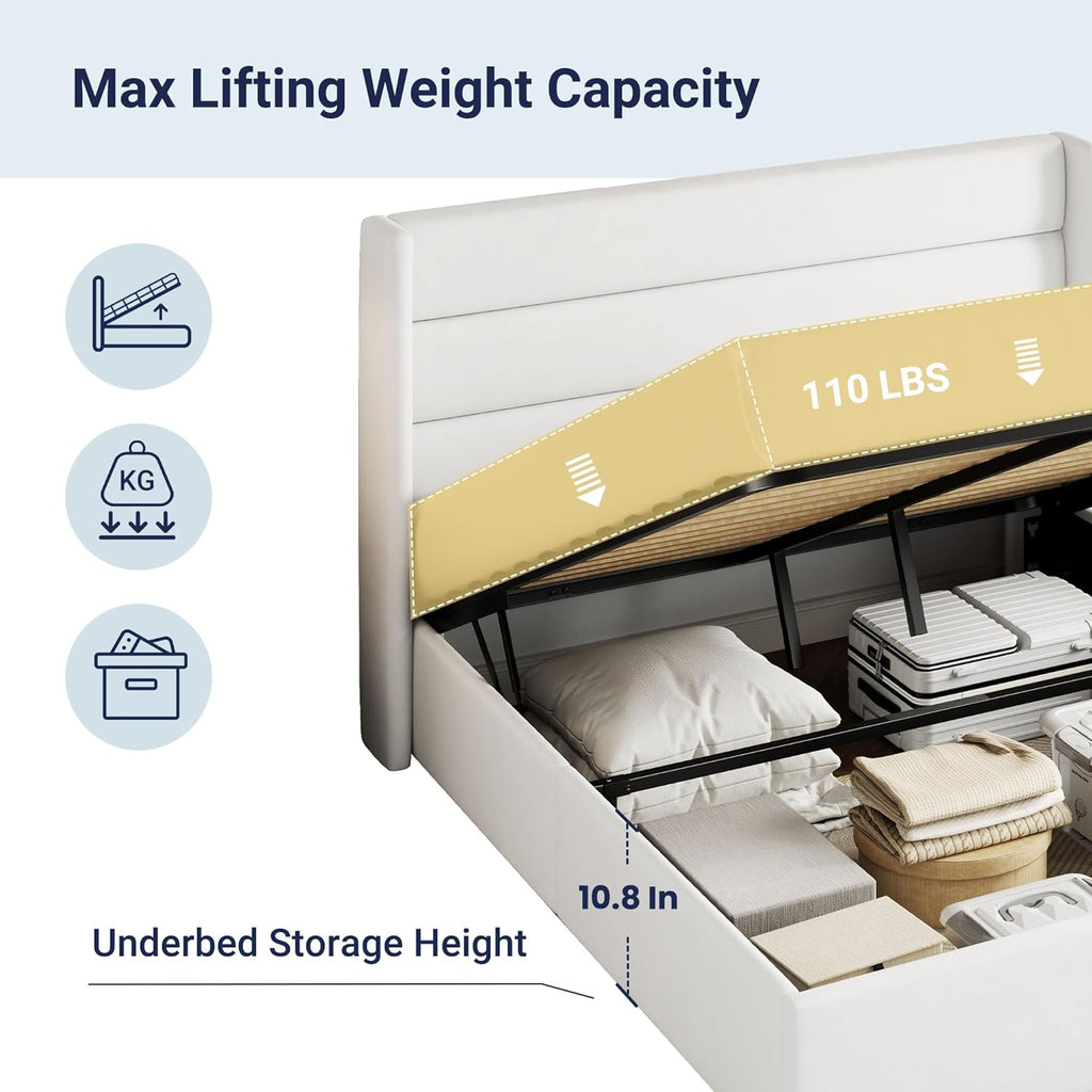 Queen Size Lift-Up Storage Bed With Wingback Headboard, Upholstered Platform Bed Frame With Hidden Storage