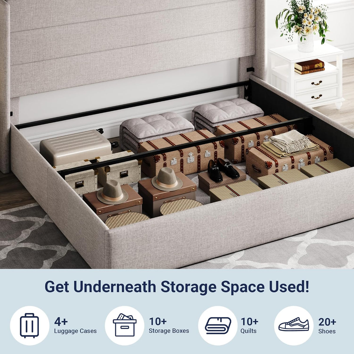 Queen Size Lift-Up Storage Bed With Wingback Headboard, Upholstered Platform Bed Frame With Hidden Storage
