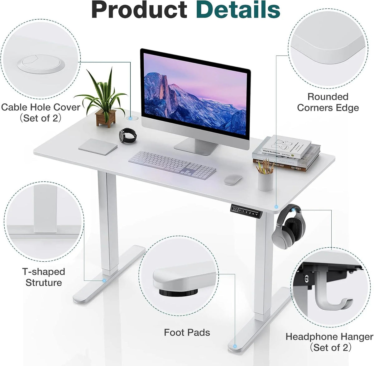 Electric Standing Desk 48 x 24 Inch Adjustable Height White With 3 Memory Controller