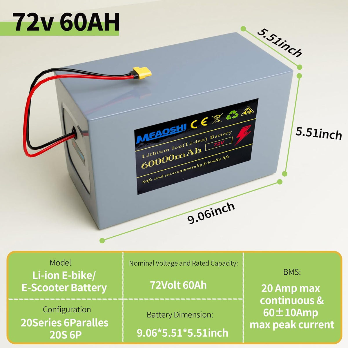 72V 60Ah Lithium E-Bike Battery With LED Battery Level Indicator And XT90 Connector