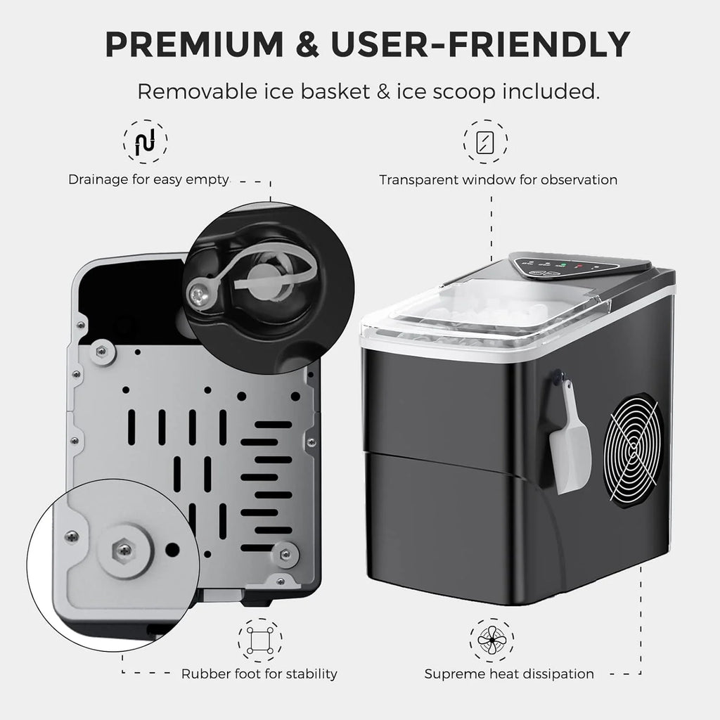 Countertop Portable Ice Maker, Self-Cleaning, 9 Pellet Ice Ready In 6 Mins, 26lbs 24Hrs - Black