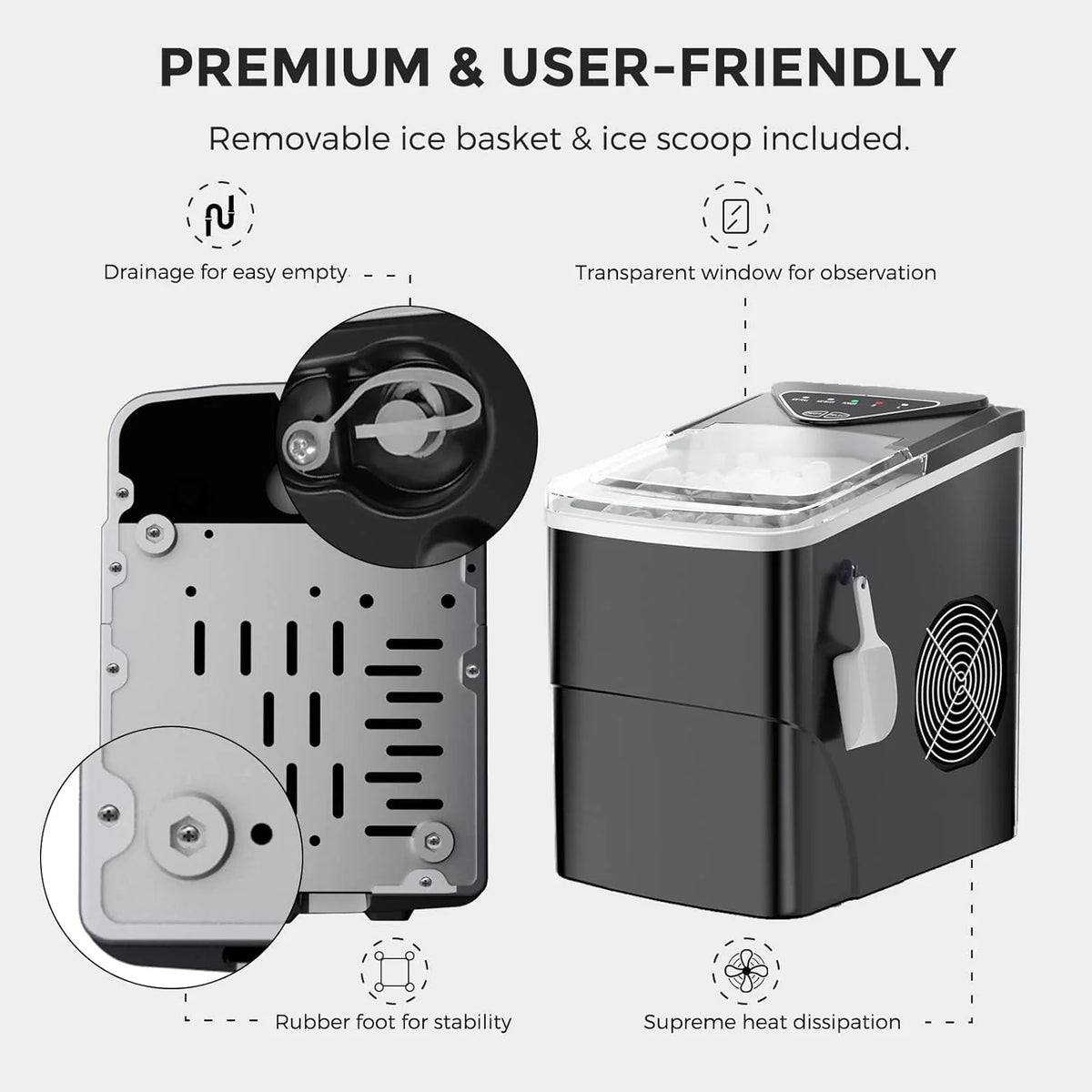 Countertop Portable Ice Maker, Self-Cleaning, 9 Pellet Ice Ready In 6 Mins, 26lbs 24Hrs - Black