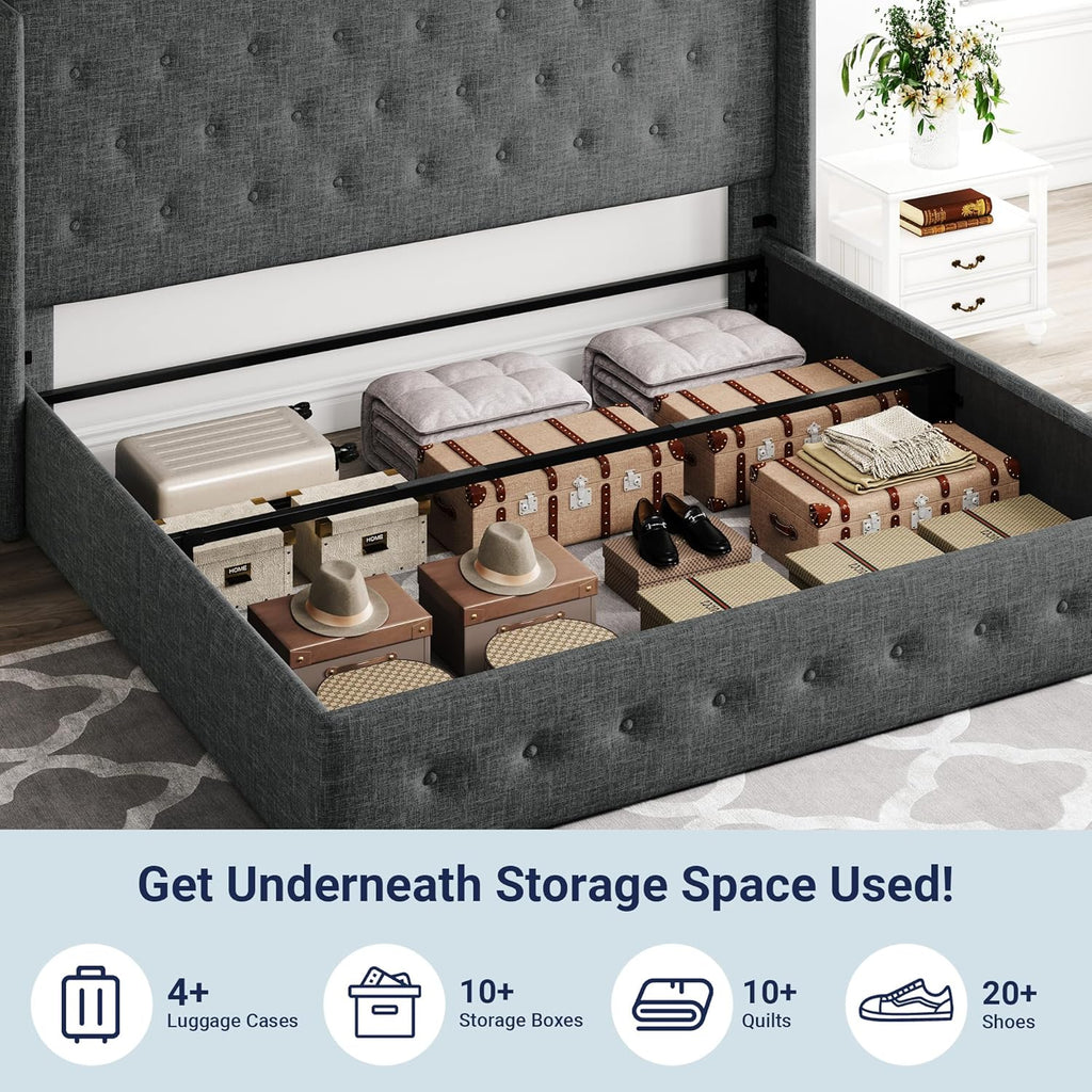 Queen Size Lift-Up Storage Bed With Wingback Headboard, Upholstered Platform Bed Frame With Hidden Storage