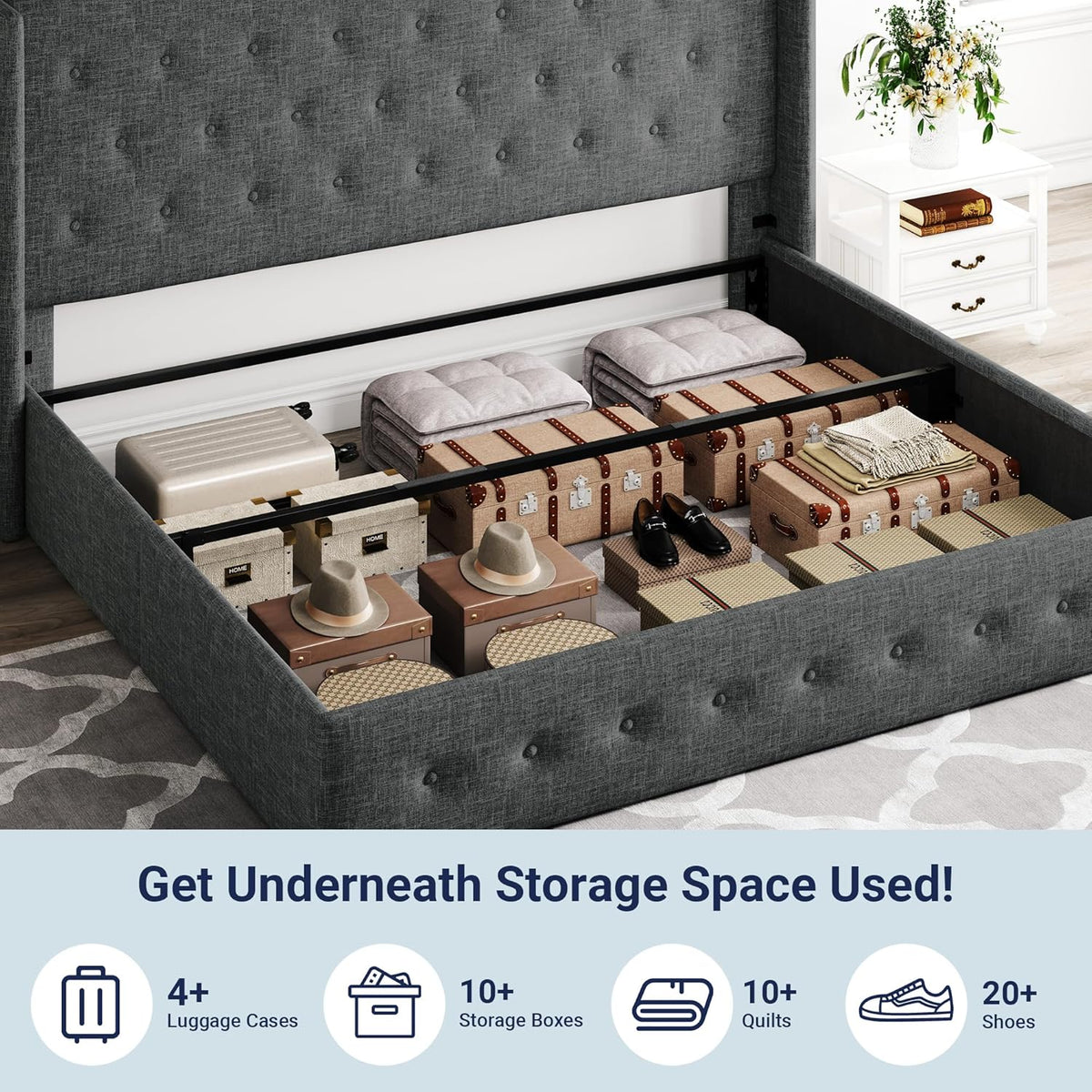 Queen Size Lift-Up Storage Bed With Wingback Headboard, Upholstered Platform Bed Frame With Hidden Storage