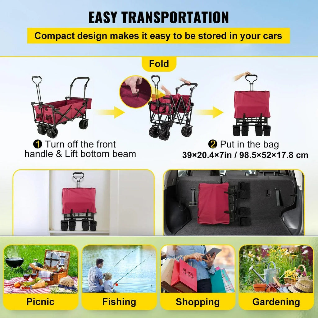 Red Collapsible Wagon Cart With Canopy, 220.5 lbs Capacity, 39 x 21.4 x 39 inches