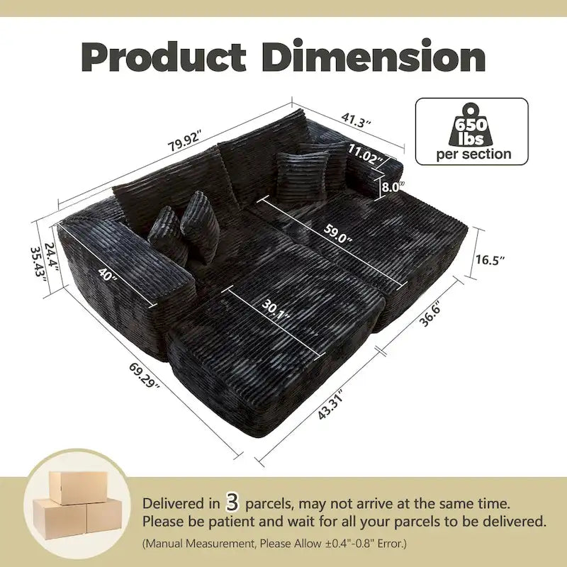 HOOOWOOO Plush L-Shaped Sectional Sofa With Removable Ottoman, 3-Piece, 80L x 69.3W x 35.4H x 59D