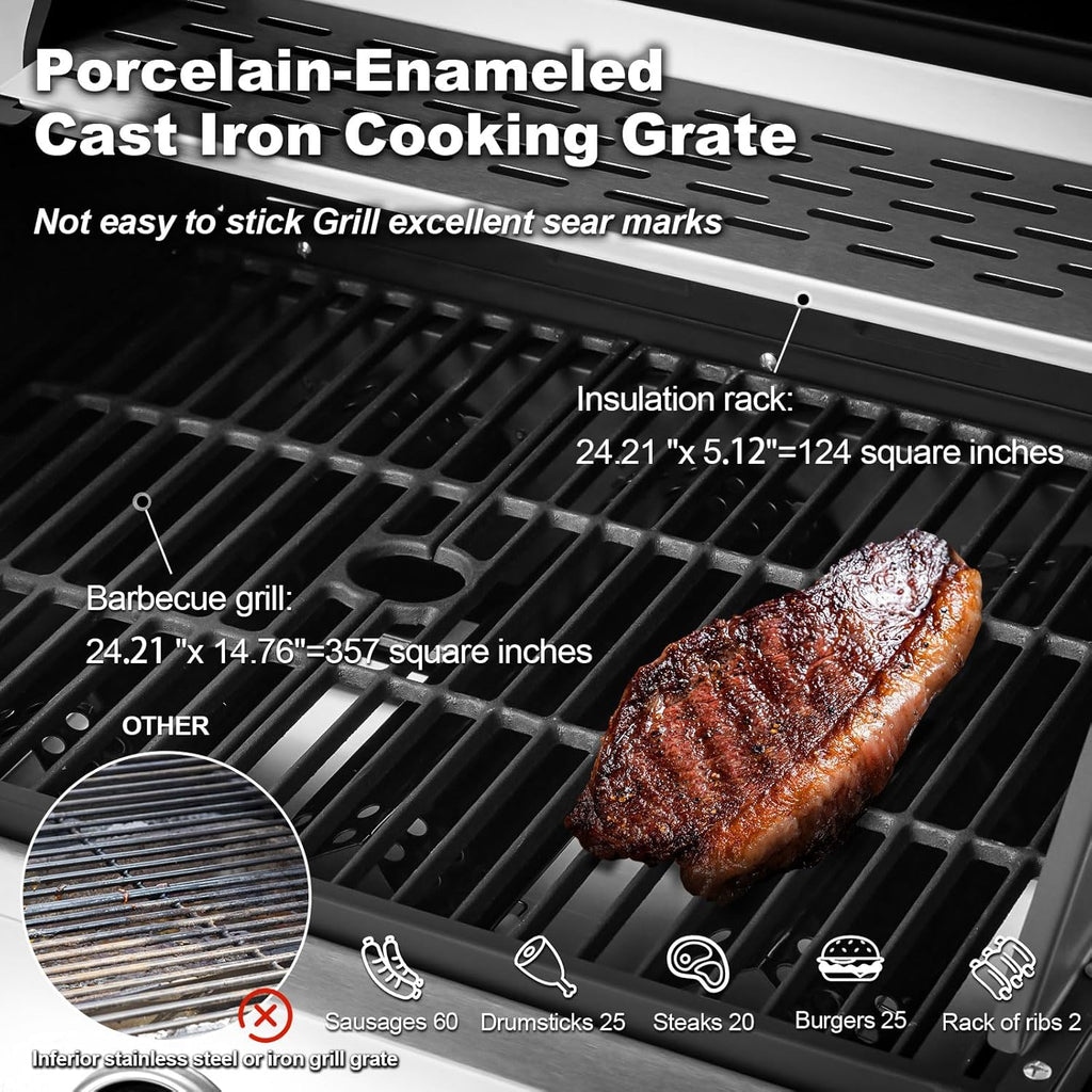 MELLCOM 4 Burner Propane Gas Grill With Cast Iron Grates And Side Stove, 44,000 BTU, Black - BBQ-4+1