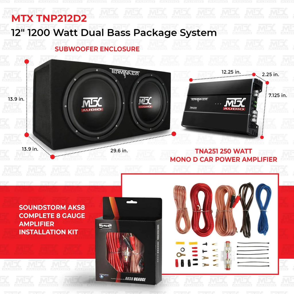 MTX Dual 12in Loaded Car Subwoofer Enclosure With Amplifier And Amp Kit - TNP212D2