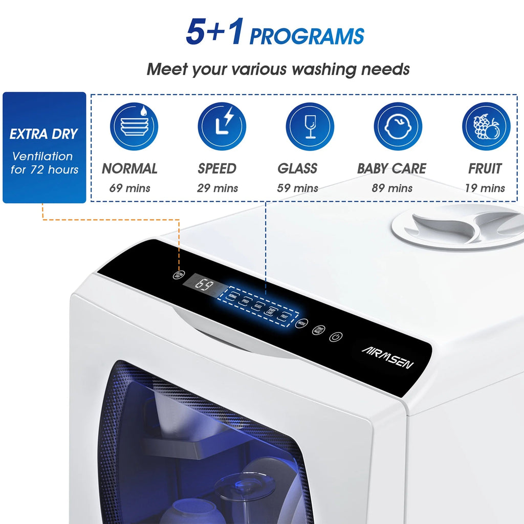 AIRMSEN Portable Countertop Dishwasher With 5L Built-In Water Tank And 5 Washing Programs - AE-TDQR03