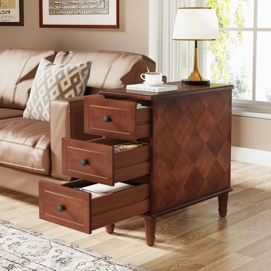 Solid Wood Narrow End Table With 3 Drawers - Fully Assembled