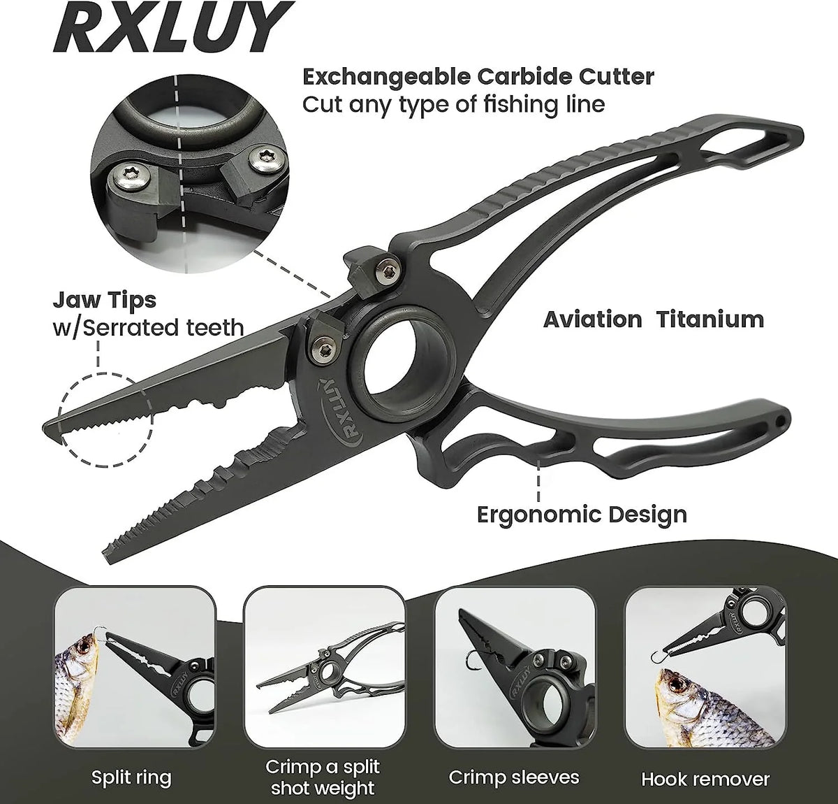 RXLUY Titanium Fishing Pliers With Tungsten Cutters, 7.49 in, 0.34 lb