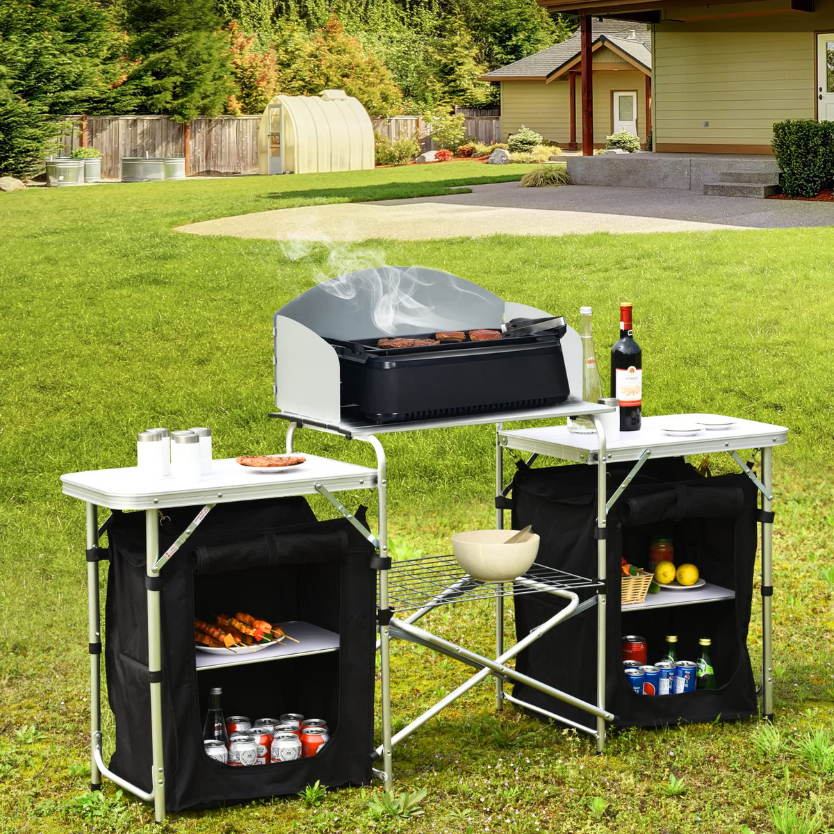 Folding Camping Kitchen Table With Storage, 68in L x 19in W x 43.5in H
