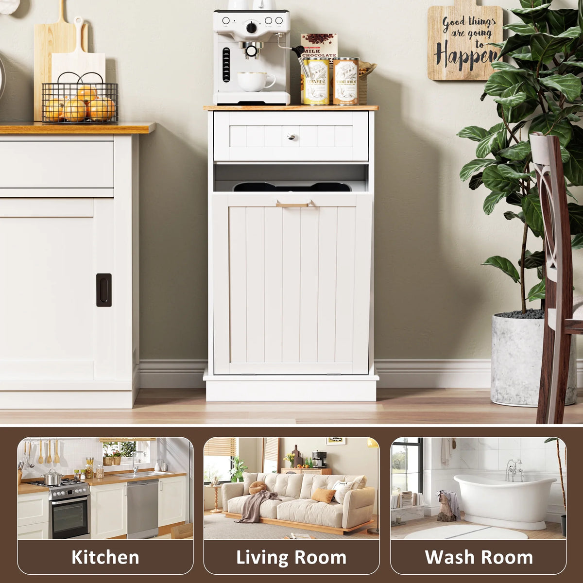 HARIPUL Single Tilt-Out Trash Cabinet For 13 Gallon Waste Bin, White