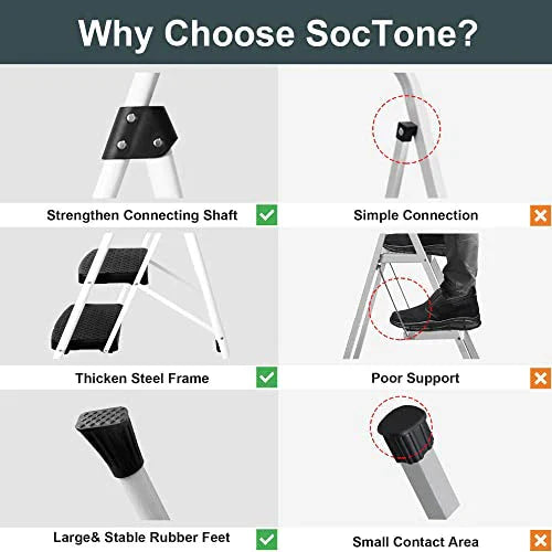 SocTone 3 Step Folding Step Ladder With Handle - 500 lb Capacity